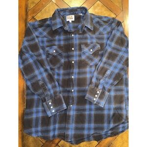 Ely Cattleman Vtg Western Blue Black Plaid Pearl Snap Cotton Shirt XL